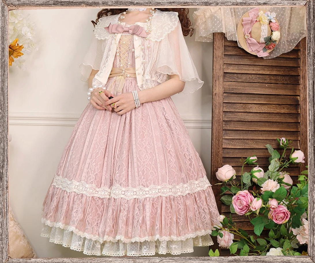 white vintage lolita blouse with matching sheer bolero jacket lace trim and floral decoration