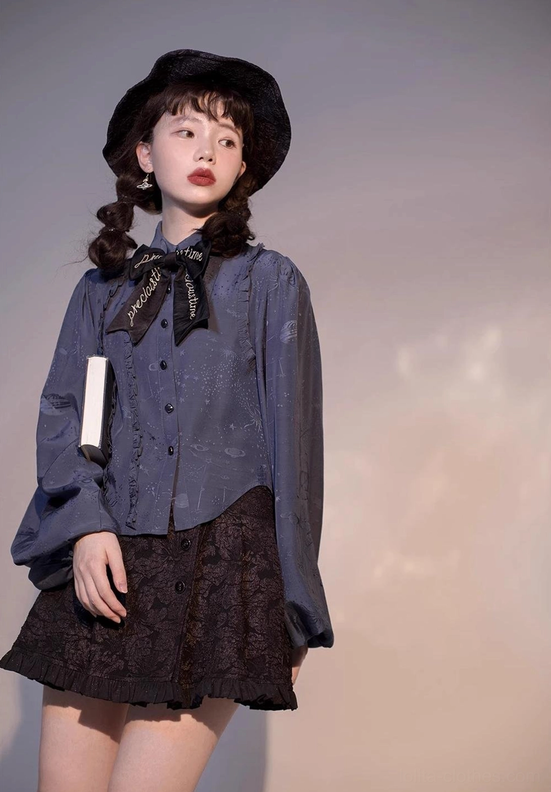 Starry Whispers vintage Lolita blouse in white colorway flat lay front view pointed collar lantern sleeves embossed relief fabric texture product showcase