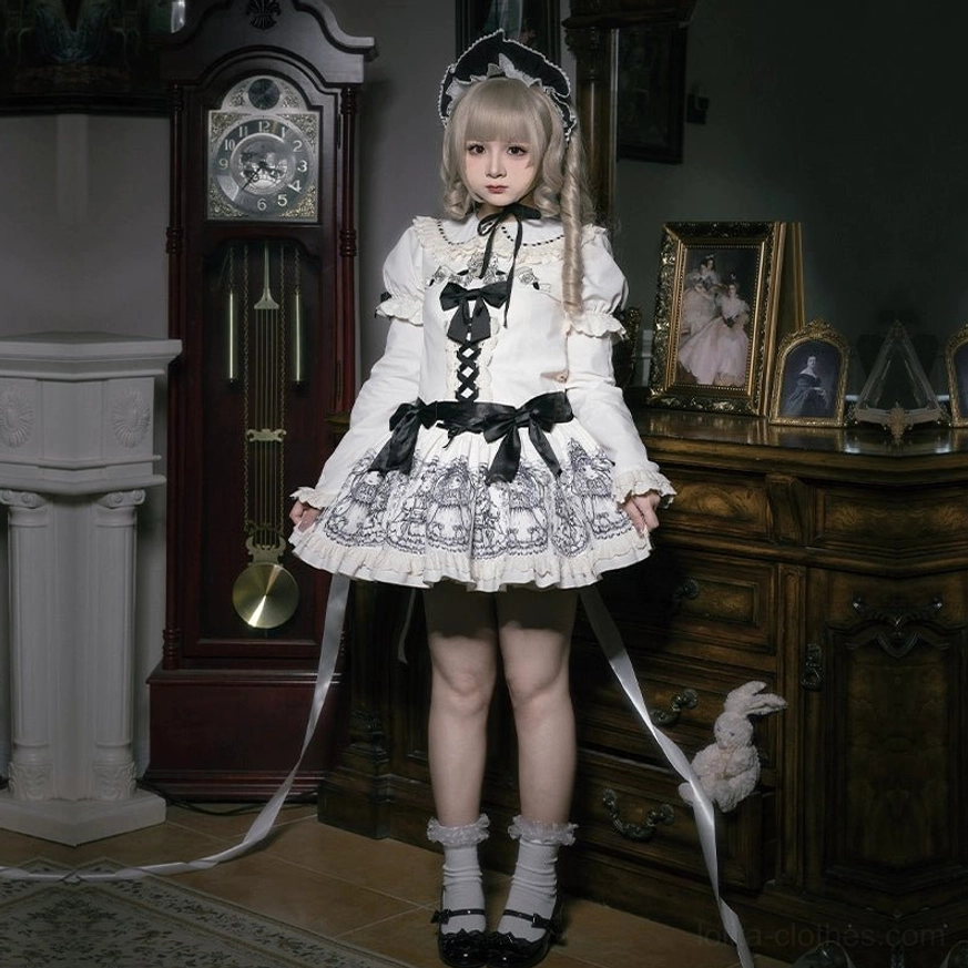 White vintage lolita OP dress with doll print skirt and front lace-up bow detail - full body standing front view with blonde model wearing matching headdress in front of vintage clock and dresser