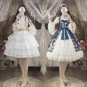 White wedding lolita hoop petticoat full body front view on models in vintage european setting with lace curtains