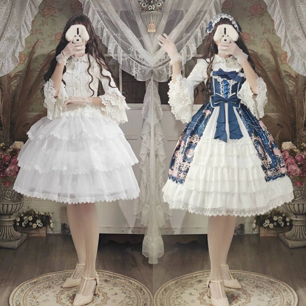 White wedding lolita hoop petticoat full body front view on models in vintage european setting with lace curtains