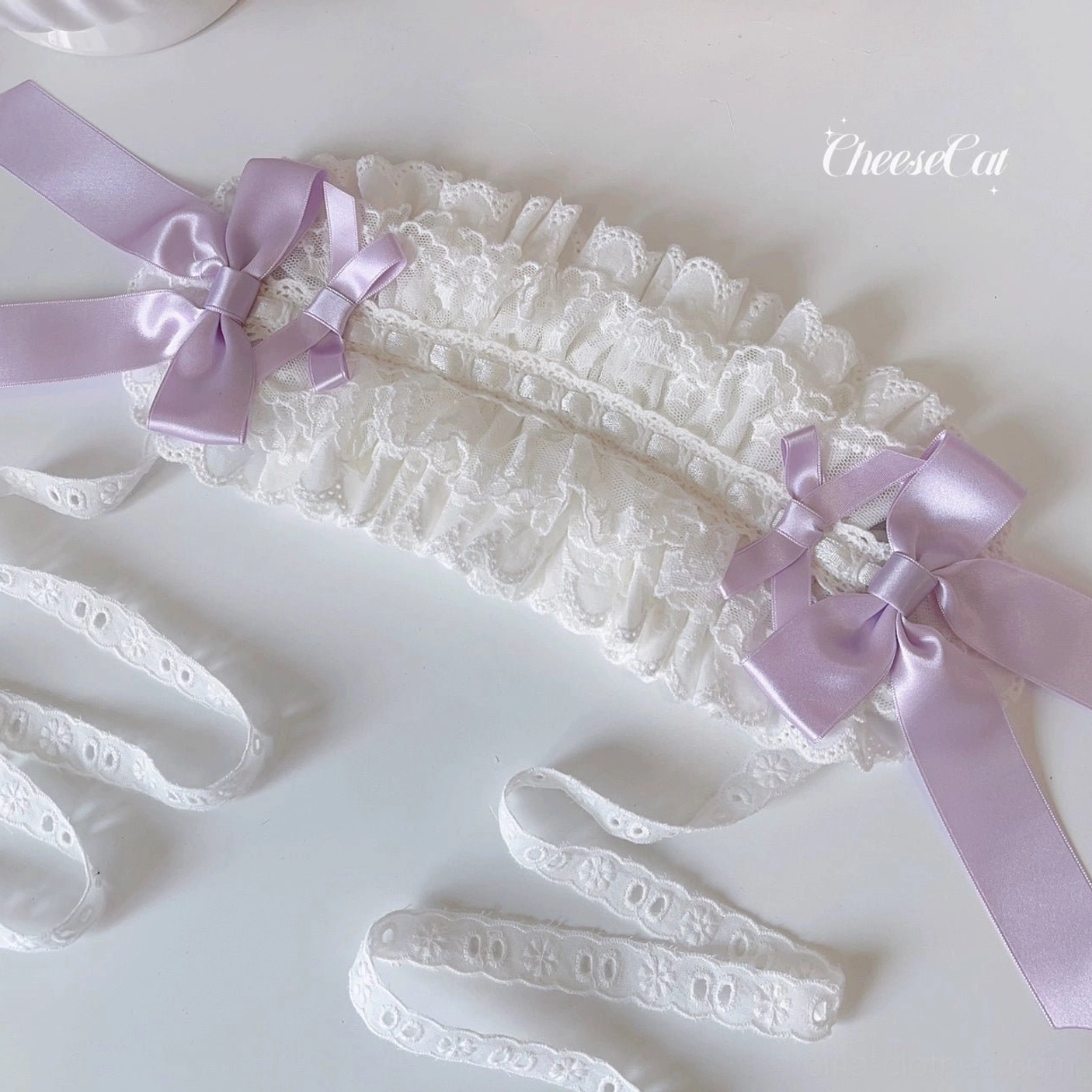 White and white sweet Lolita ruffled lace headband with purple satin bow ethereal elegant design for formal Lolita events