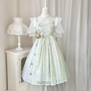 Wind Singing Lily Qi Lolita embroidered JSK dress suit front three-quarter view on mannequin vintage home setting