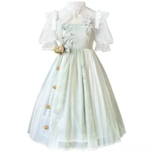 Qi Lolita embroidered dress with lily floral embroidery mesh flutter sleeves gold buttons two-tone tulle skirt front close-up