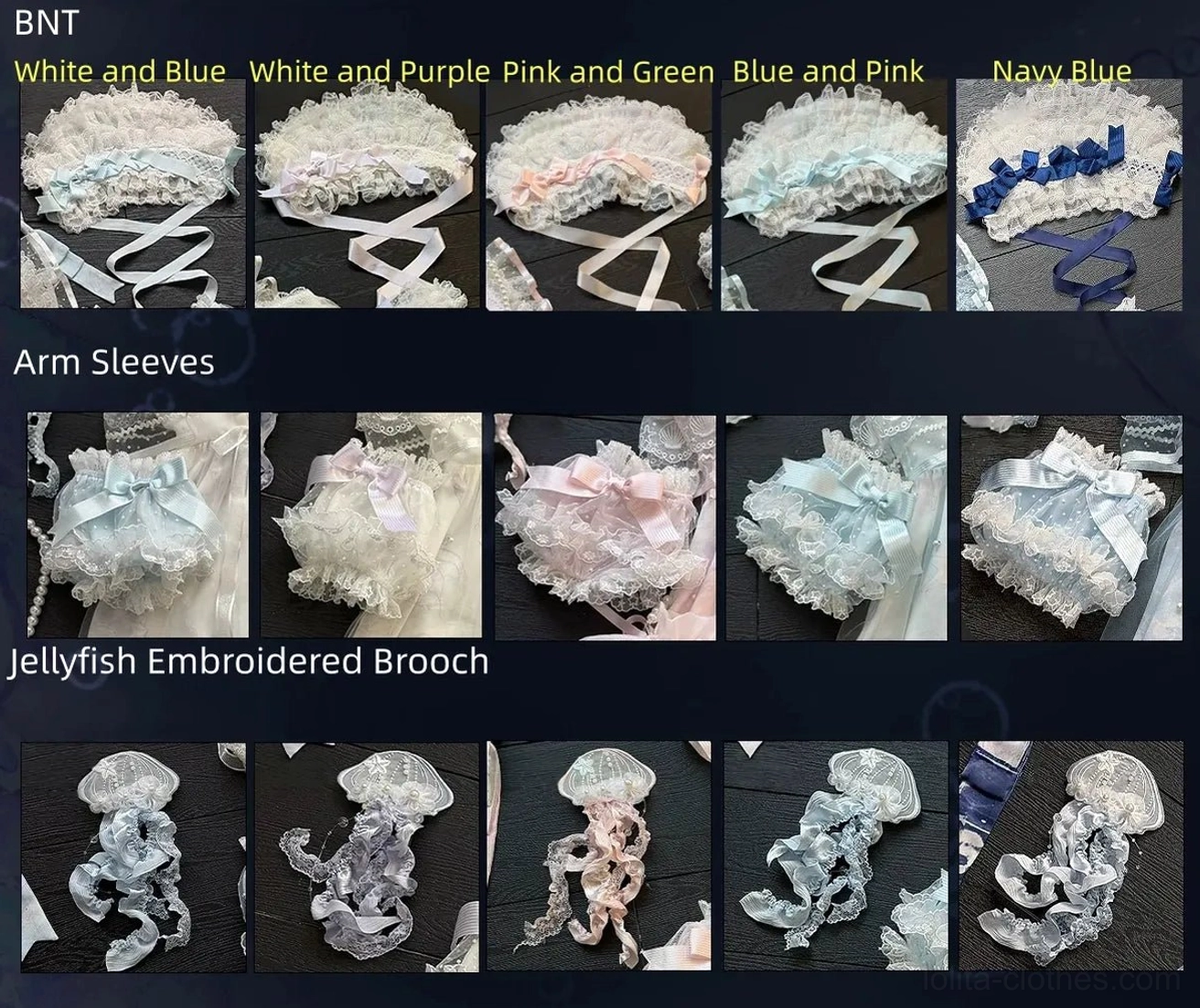 Top-down flat lay product showcase of complete Windchime Jellyfish accessory collection including BNT bonnets, fluffy arm sleeves, jellyfish embroidered brooches, and hair clips in multiple color variants