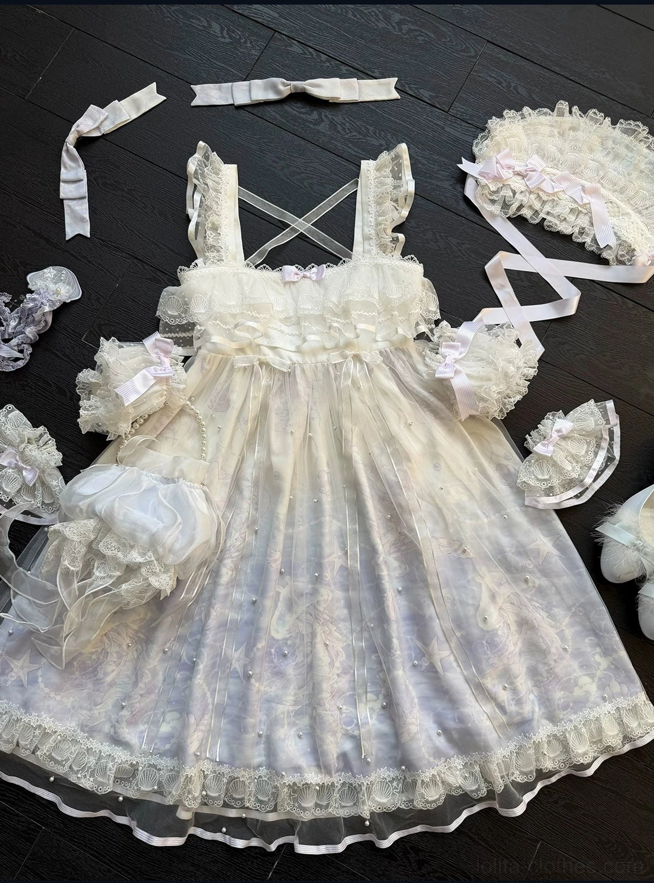Windchime Jellyfish lolita headdress bonnet featuring fluffy ruffled layers, jellyfish appliqué embroidery, and adjustable ribbon ties in pastel gradient colorway