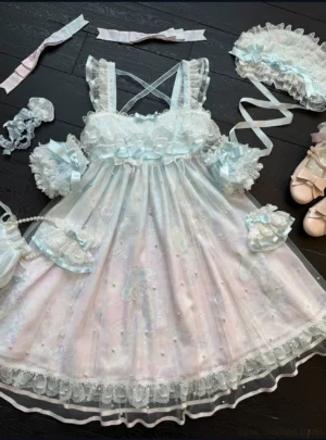Windchime jellyfish sweet lolita halter JSK dress navy blue flat lay with matching accessories headpiece hair bow wrist cuffs pearl chain mini bag and shoes display