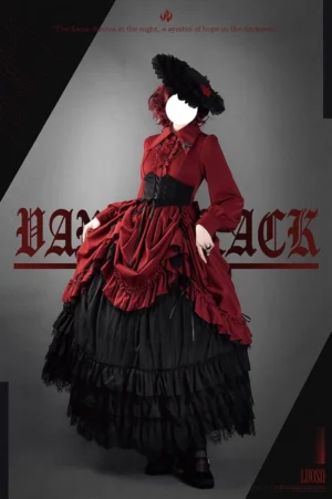 Wine-red and black Gothic Lolita full dress set with detachable corset and layered tulle skirt three-quarter view