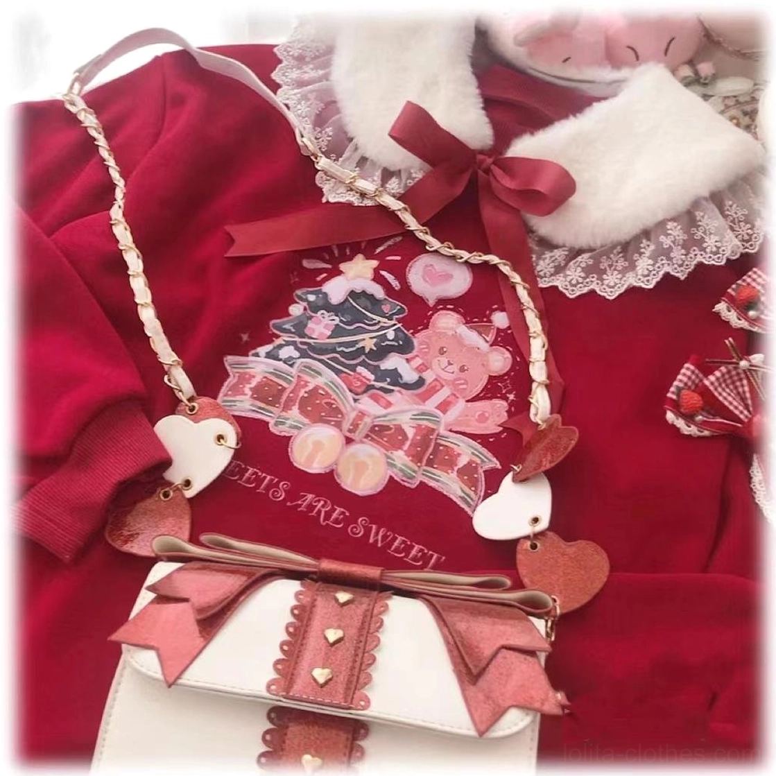 Wine red bow faux fur Lolita false collar styled with a red casual sweatshirt for a sweet winter kawaii outfit