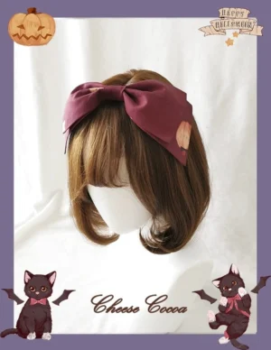 Wine red burgundy vampire cat Halloween lolita KC hair bow headband with fabric patch ornament and pumpkin borders on mannequin with short brown wig
