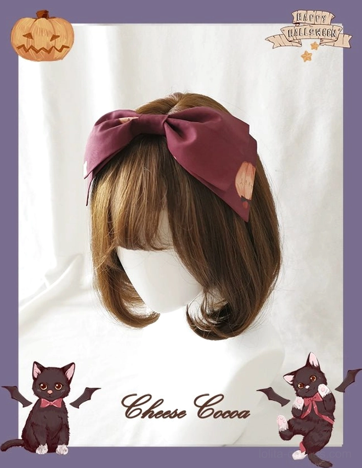 Wine red burgundy vampire cat Halloween lolita KC hair bow headband with fabric patch ornament and pumpkin borders on mannequin with short brown wig