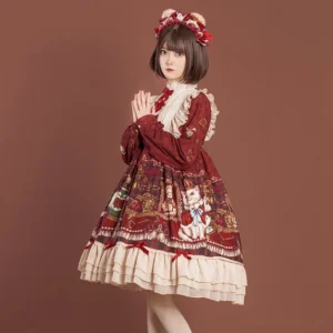 Wine Red Crown Bear Lolita OP Dress three-quarter rear view model tiered ruffled hem vintage illustration print details