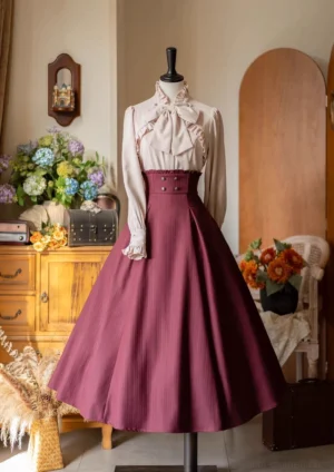 Wine red fishbone striped classic lolita midi skirt with ruffled waistband and decorative buttons, front view on dress form, vintage studio setting