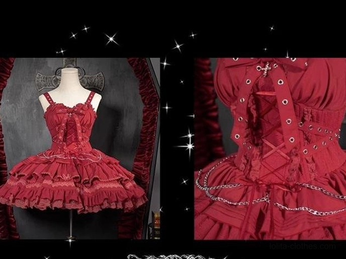 Wine red gothic lolita dress set with ruffled tiered skirt lace-up bodice and bolero cross charm accessories