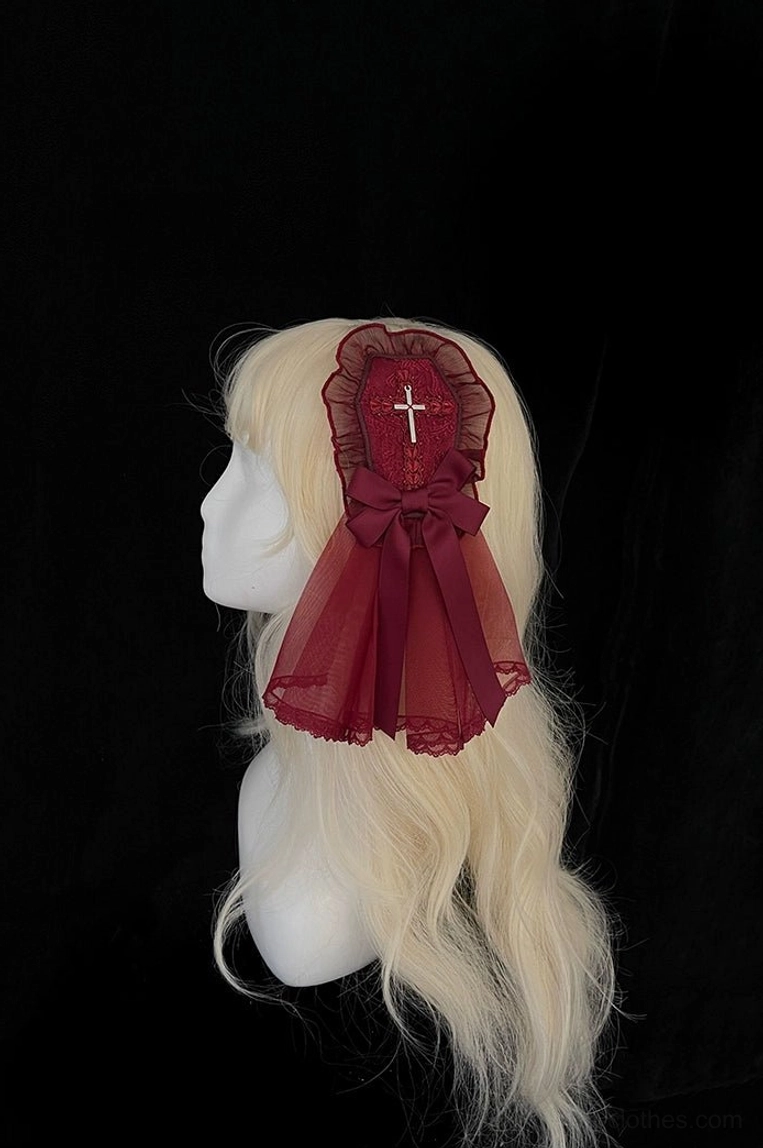 Wine red Gothic Lolita hair accessory headbow with cross embroidery ruffled lace and sheer red veil