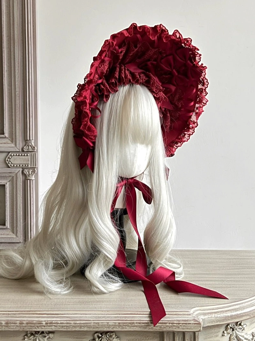 Wine red gothic lolita lace bonnet headwear with adjustable chin straps and satin ribbon bows, alternative color option