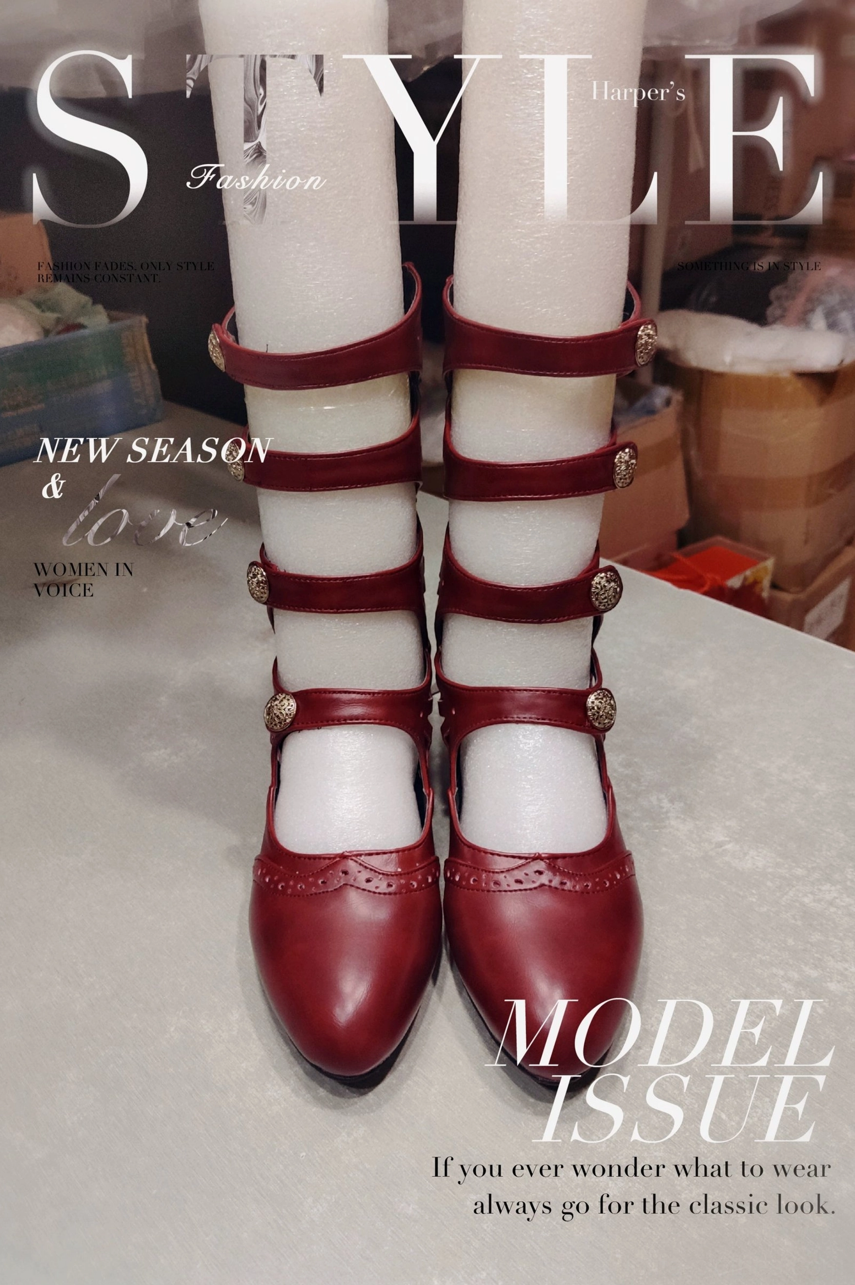 Wine-red handmade Lolita Mary Jane flat shoes with pointed toe and symmetrical hollow carved straps displayed in magazine-style fashion layout