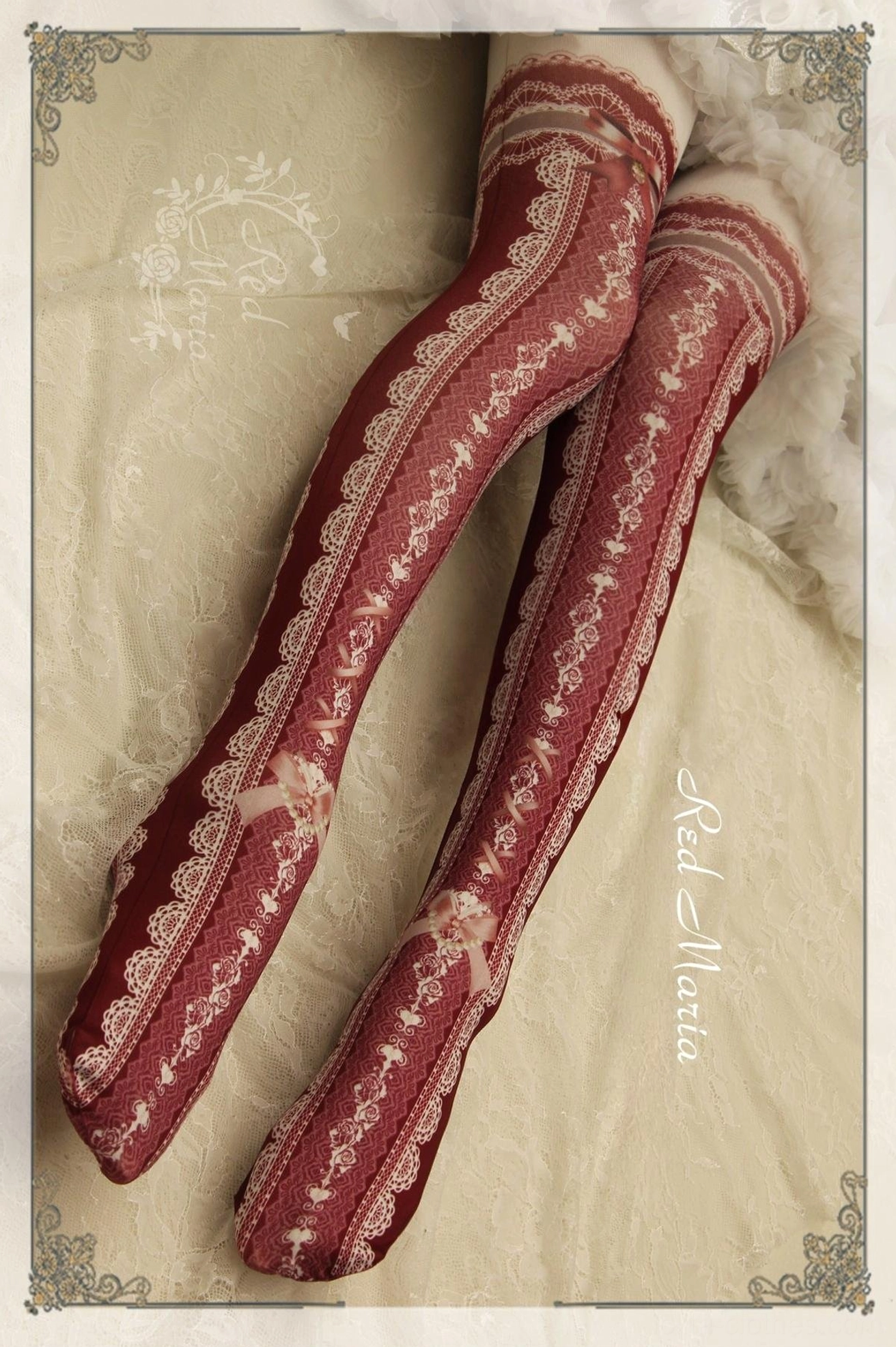 Wine red lace printed lolita over-the-knee tights with gold lace trim and bow embroidery detail