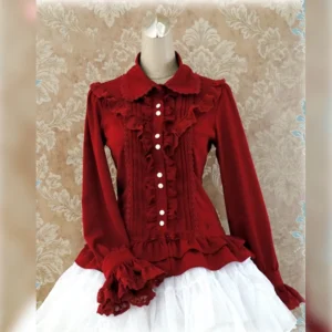Wine red lace-up back lolita blouse with peter pan collar front view on dress form with white tulle petticoat