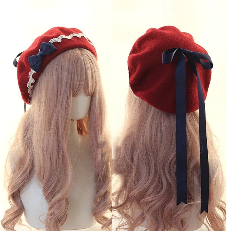 Wine red lolita beret with dark blue detachable bow and white lace brim trim classic view