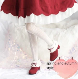 Lolita warm ankle boots side profile showing wine red boot with white fluffy fleece cuff and tiny bow tie block heel design