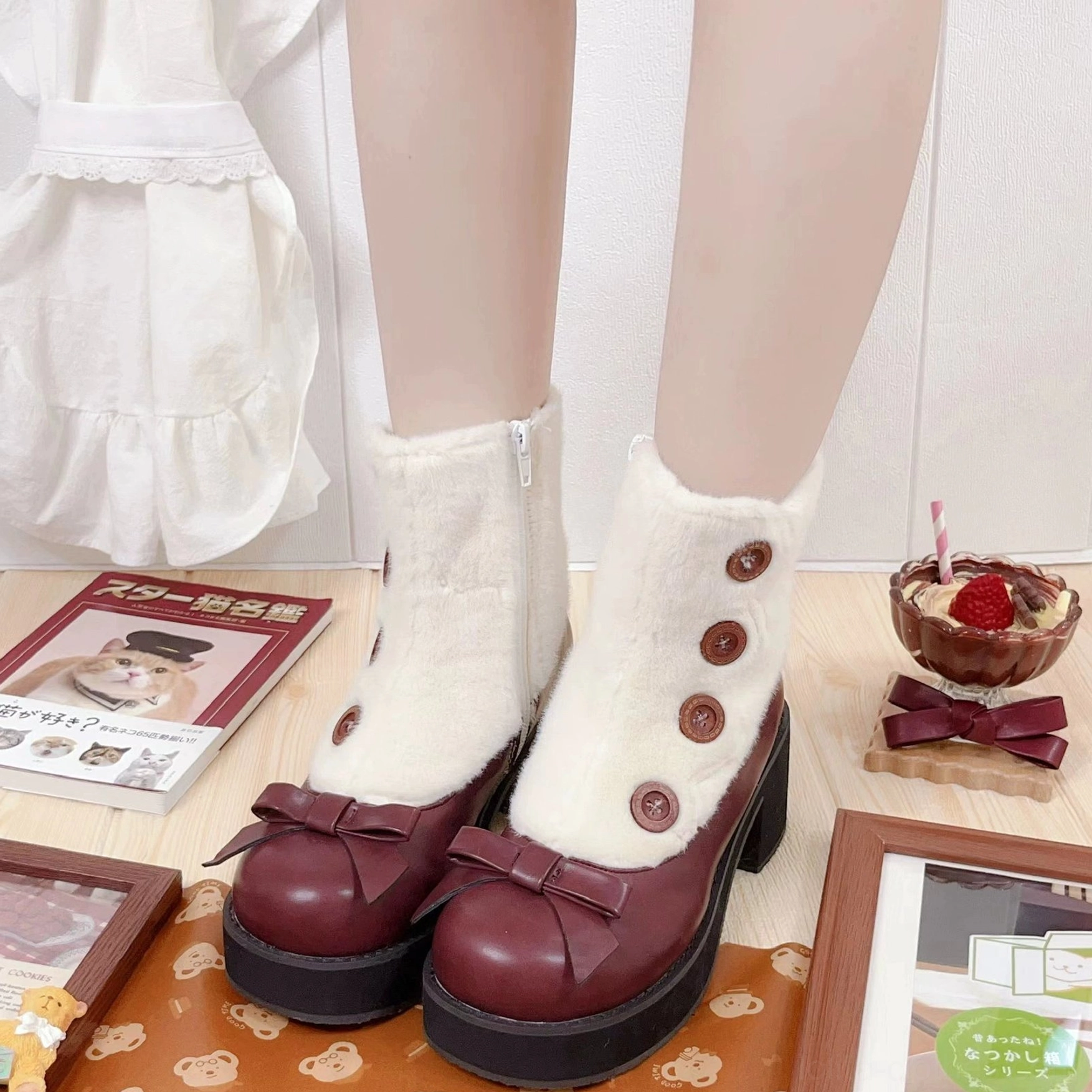 Wine red lolita boots with extended faux fur cuff multiple button row decorative details bow ornament platform heel