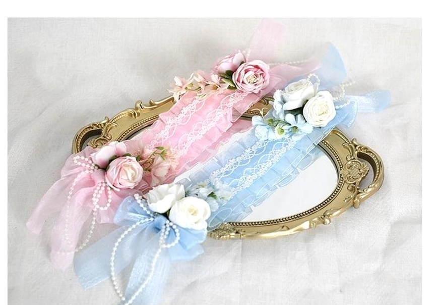 Wine red lolita floral lace headband with retaining clip detail shot showing luxury fabric construction