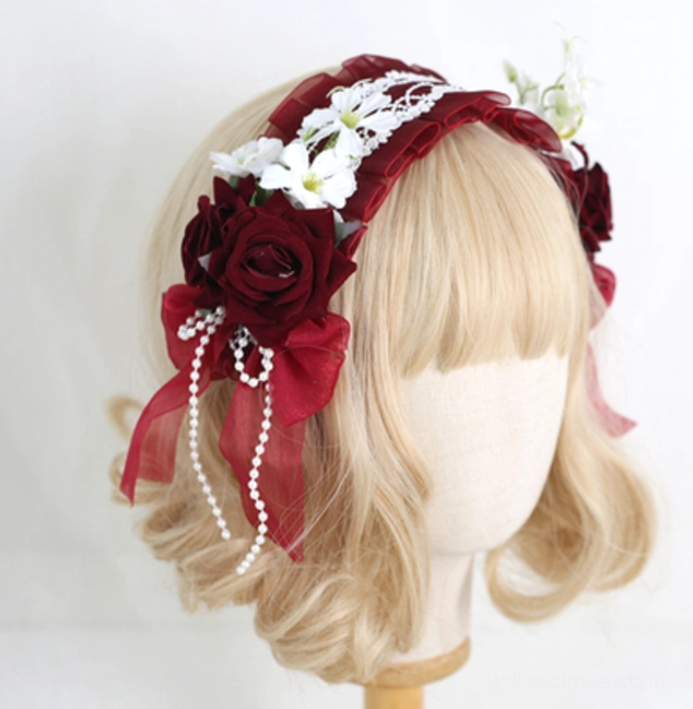 Wine red elegant lolita floral lace headband with retaining clip on mannequin