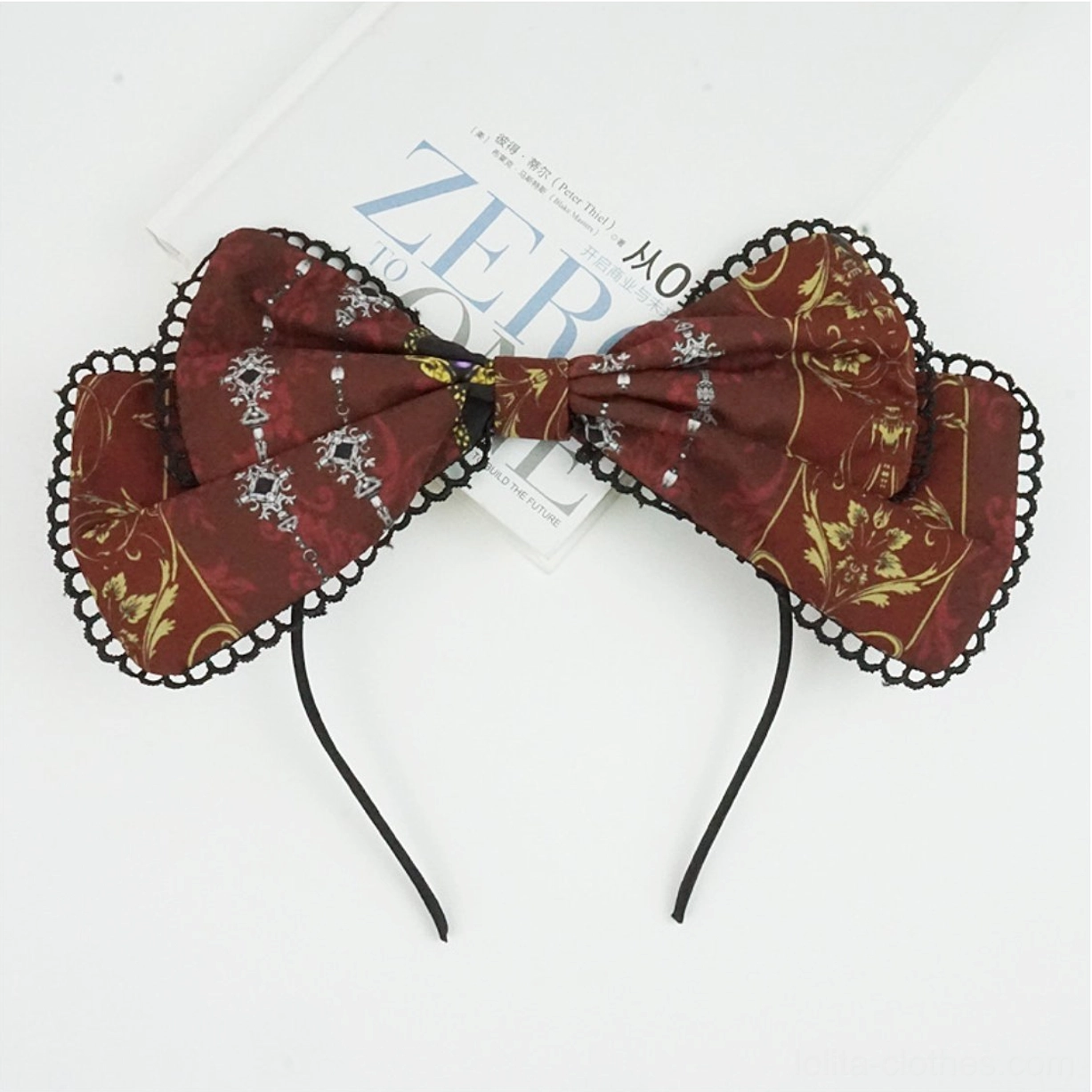 Vintage wine red lolita KC headband with golden floral patterns and black scalloped lace edge