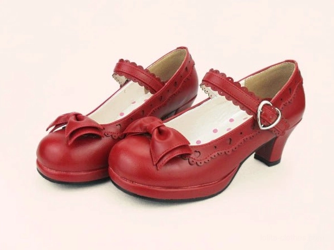 Wine red deep red lolita mary jane bow heel shoes pair three-quarter view with heart buckle detail