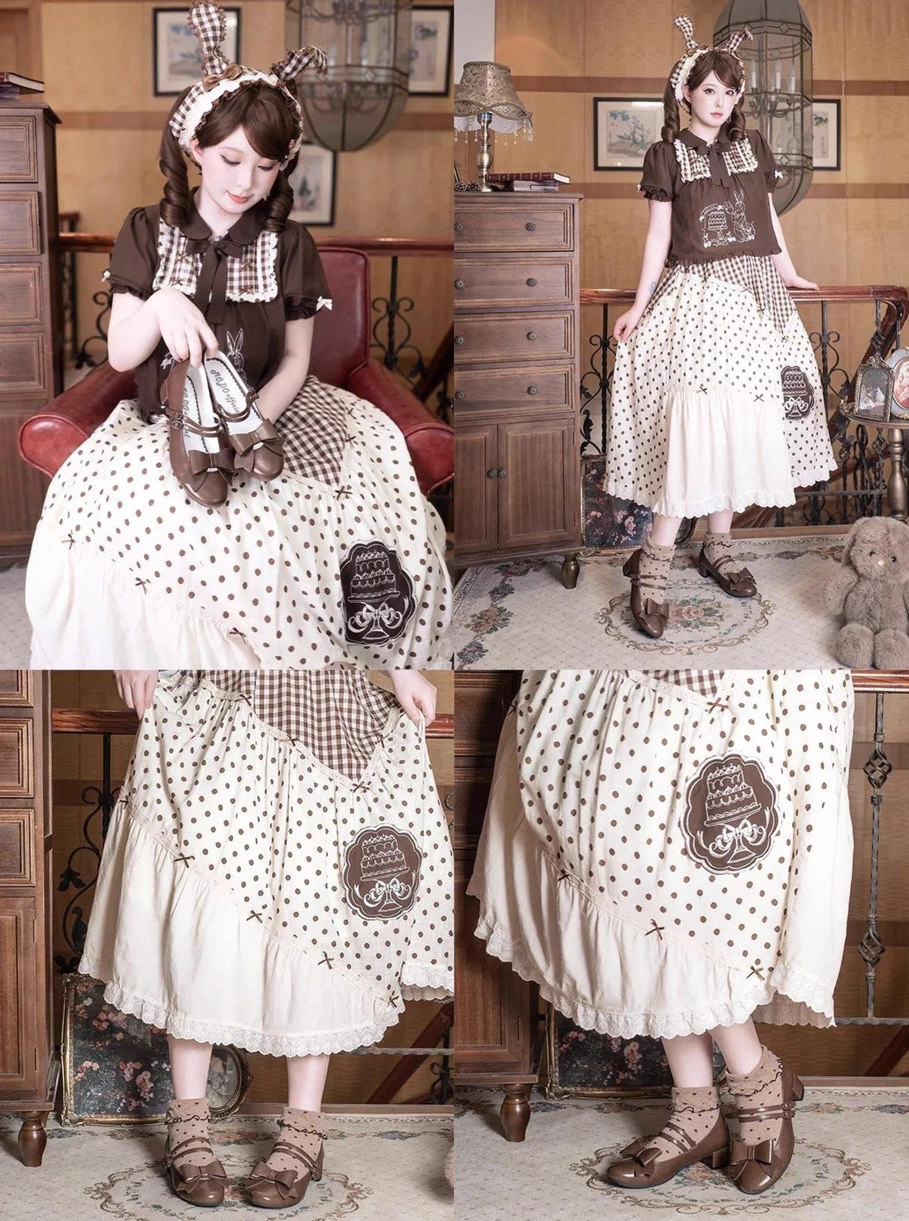 Wine red Lolita Mary Jane shoes styled with elegant Lolita dress outfit vintage interior background full coordinate styling photography classic fashion