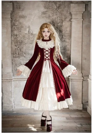 Wine red classic lolita OP dress with beige color-blocking front lace-up waist detail layered white ruffled skirt hem full-length standing view