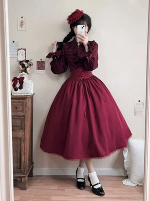 Wine red reversible classic lolita SK skirt with fishbone corset waist front mirror selfie view