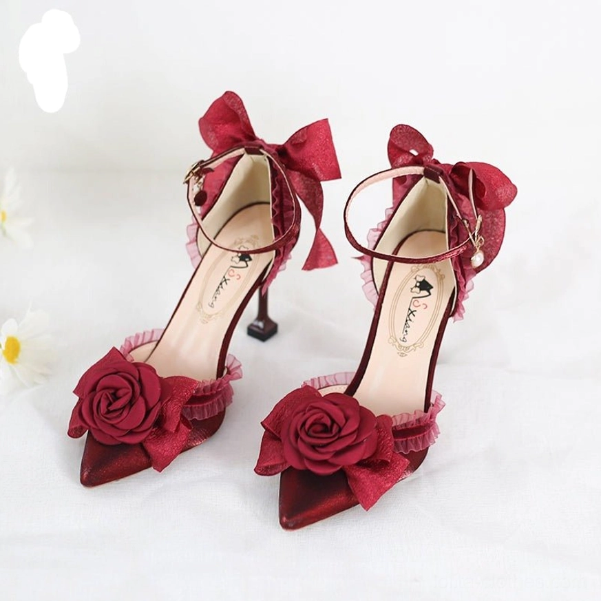 Wine red burgundy Lolita high heel shoes with satin pointed toe mesh bow heel decoration and fabric rose vamp trim front angle