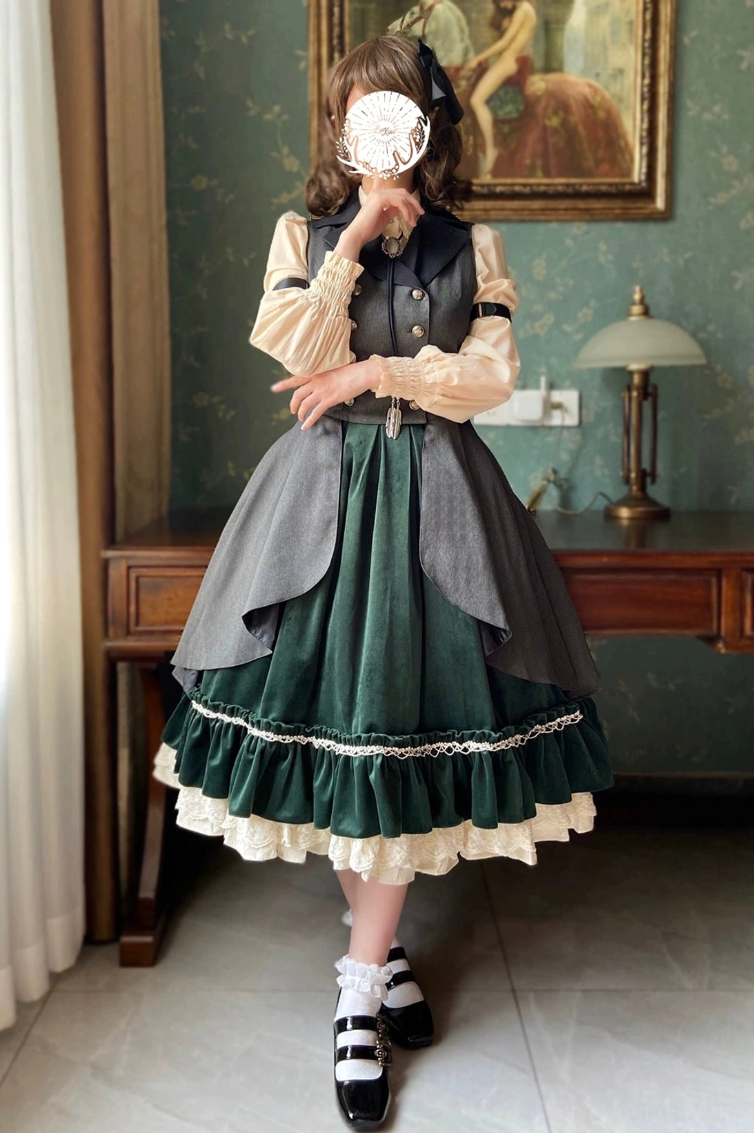 Wine red lolita velvet waistcoat vest paired with high-waisted lace skirt coordination