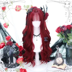 Wine-red long curly lolita wig front three-quarter view with air bangs and side braid, styled with black feather and red flower hair clips, paired with black drop pendant choker on mannequin with gothic lolita vintage decor