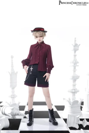 Wine red ouji style lolita blouse full body side perspective on androgynous model, paired with black shorts and boots, showing slim tailored fit