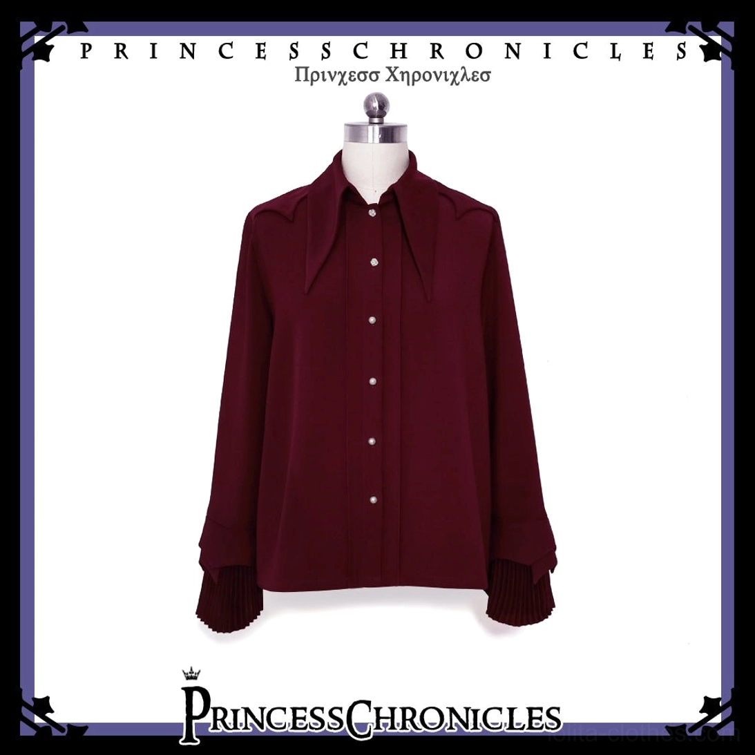 Solid color wine red Ouji long sleeve shirt front static display dress form stand collar ruffled flared cuffs
