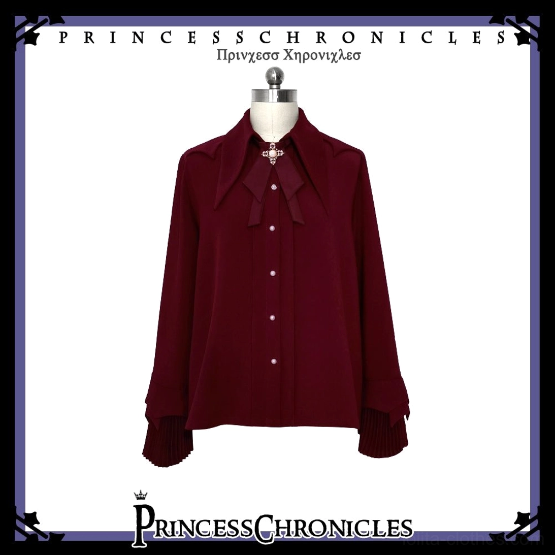 Wine red Ouji long sleeve shirt attached cross-decorated bow tie front static display dress form gothic noble gentleman style