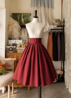 Deep wine red high-waisted pleated A-line Lolita midi skirt with buttoned waistband, front view on mannequin
