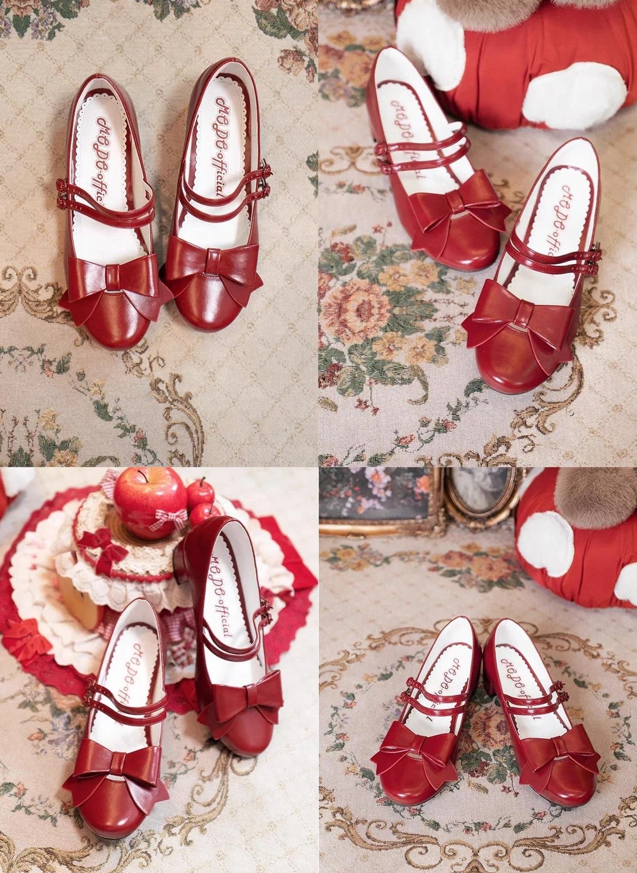 Wine red pointed toe Lolita Mary Jane shoes multiple top-down flat lay arrangements on vintage floral tabletop with strawberry cake decorations patent leather finish bow ankle strap