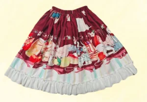 Wine red bunny tea party print kawaii lolita short skirt with striped white hem flat lay full view