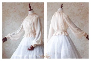 Wine red reversible lolita blouse back view showing cross-open reversible design, back neck closure, shirred back bodice, and flowing lantern sleeves on mannequin with white tulle skirt