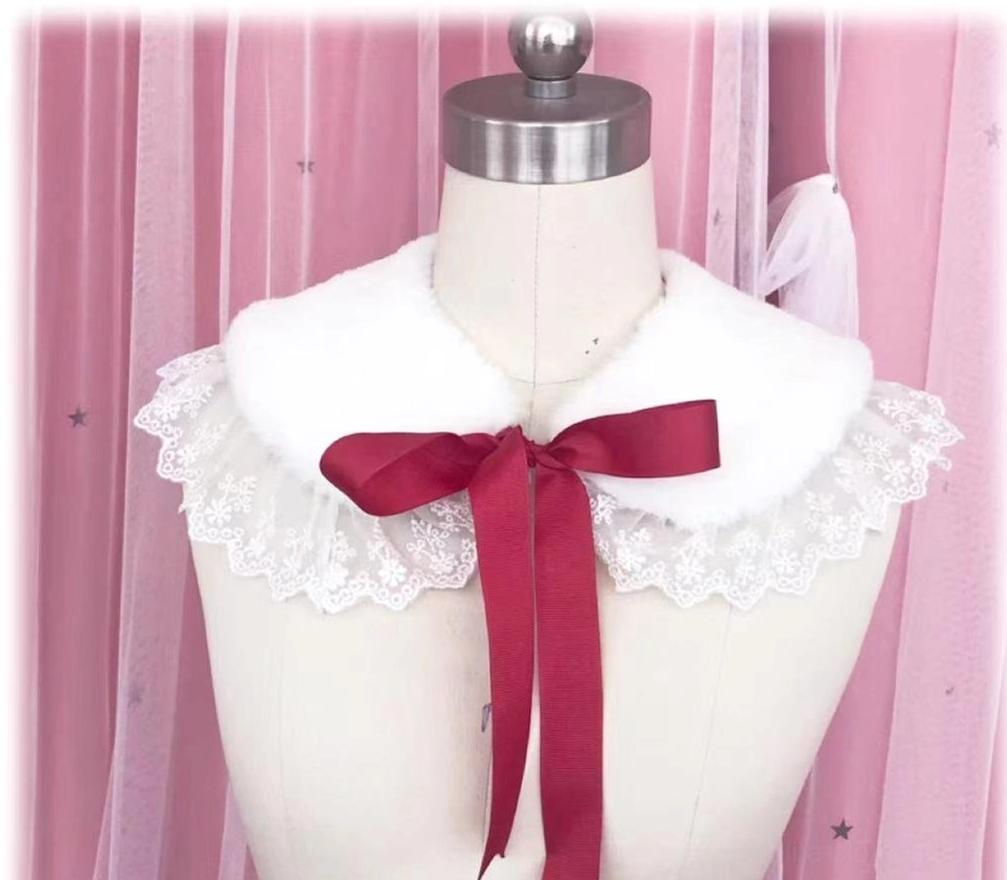 Wine red ribbon lace Sweet Lolita faux fur false collar scarf with large burgundy satin bow shown on a dress form