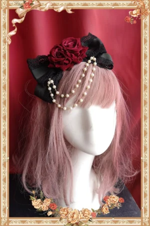 wine red burgundy rose lace bow lolita hair clip with pearl tassel worn on mannequin head wearing bangs front view vintage elegant headdress