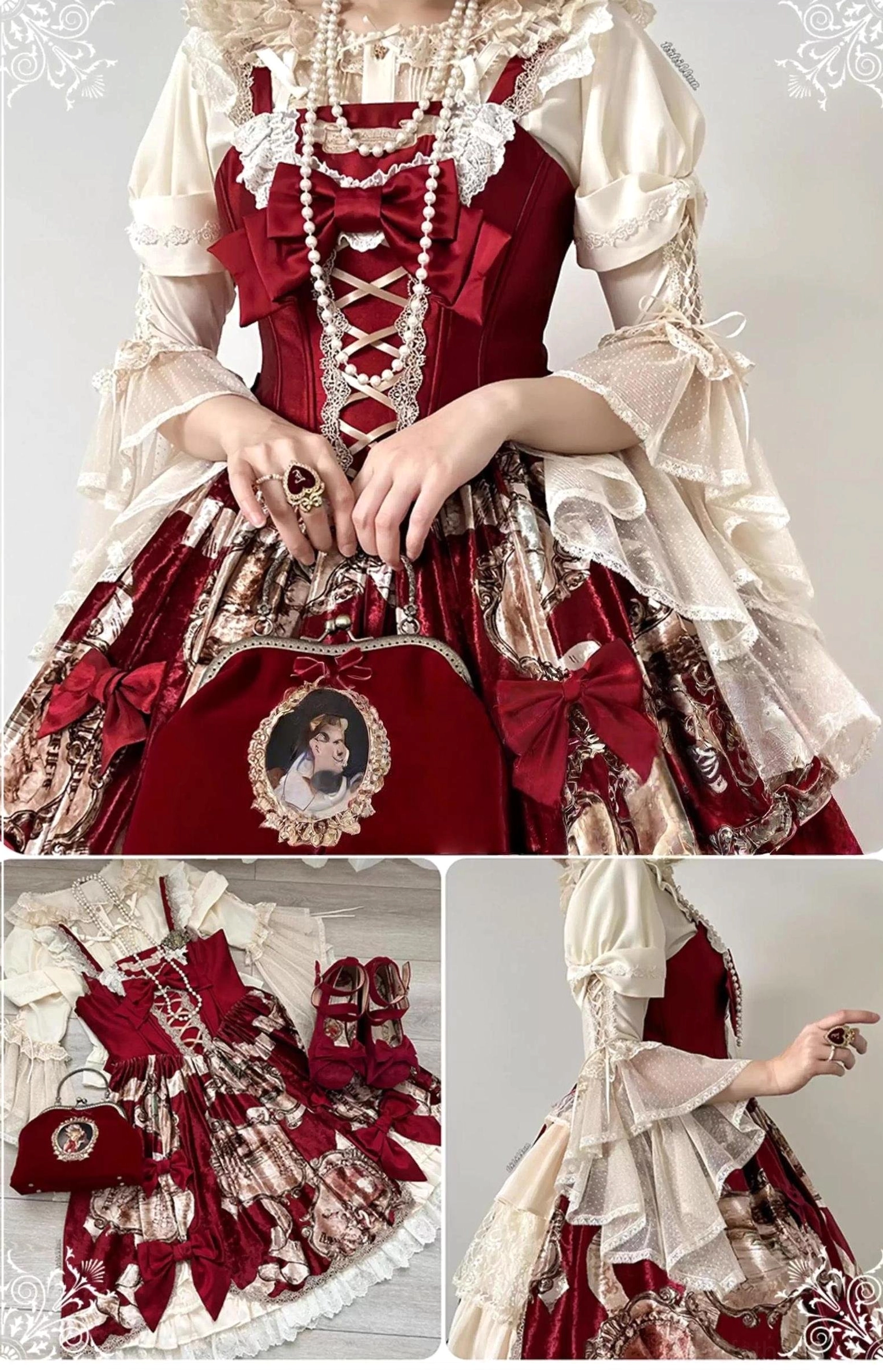 Wine red royal lolita dress set with velvet fabric, lace-trimmed hime sleeves, portrait embroidery and lace-up corset front with matching accessories