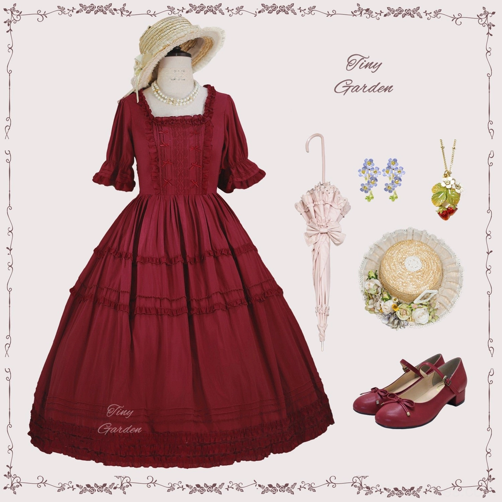Burgundy wine red square collar pin tucks lolita OP dress on mannequin with matching red Mary Jane shoes and strawberry pendant necklace elegant vintage tea party scene