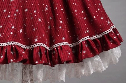 Wine red lolita jsk dress with silver star foil printing variant full body front view model in coordinate