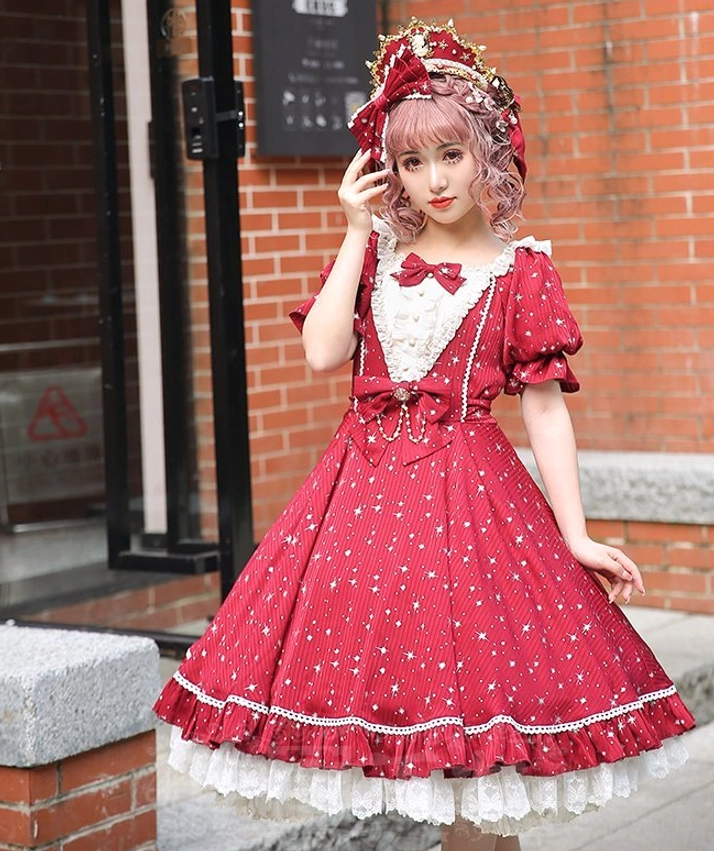 Wine red star print lolita OP dress with short puff sleeves white lace yoke front bow waist chain ruffled hem red brick street