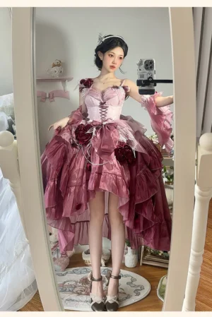 Wine red Swan Wonderland lolita jumper skirt mirror full body front view black haired model off-shoulder lace-up corset ruffled layered skirt
